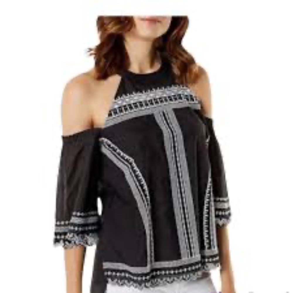 Karen Millen Black White Embroidered Cold Shoulder Blouse Size 8
